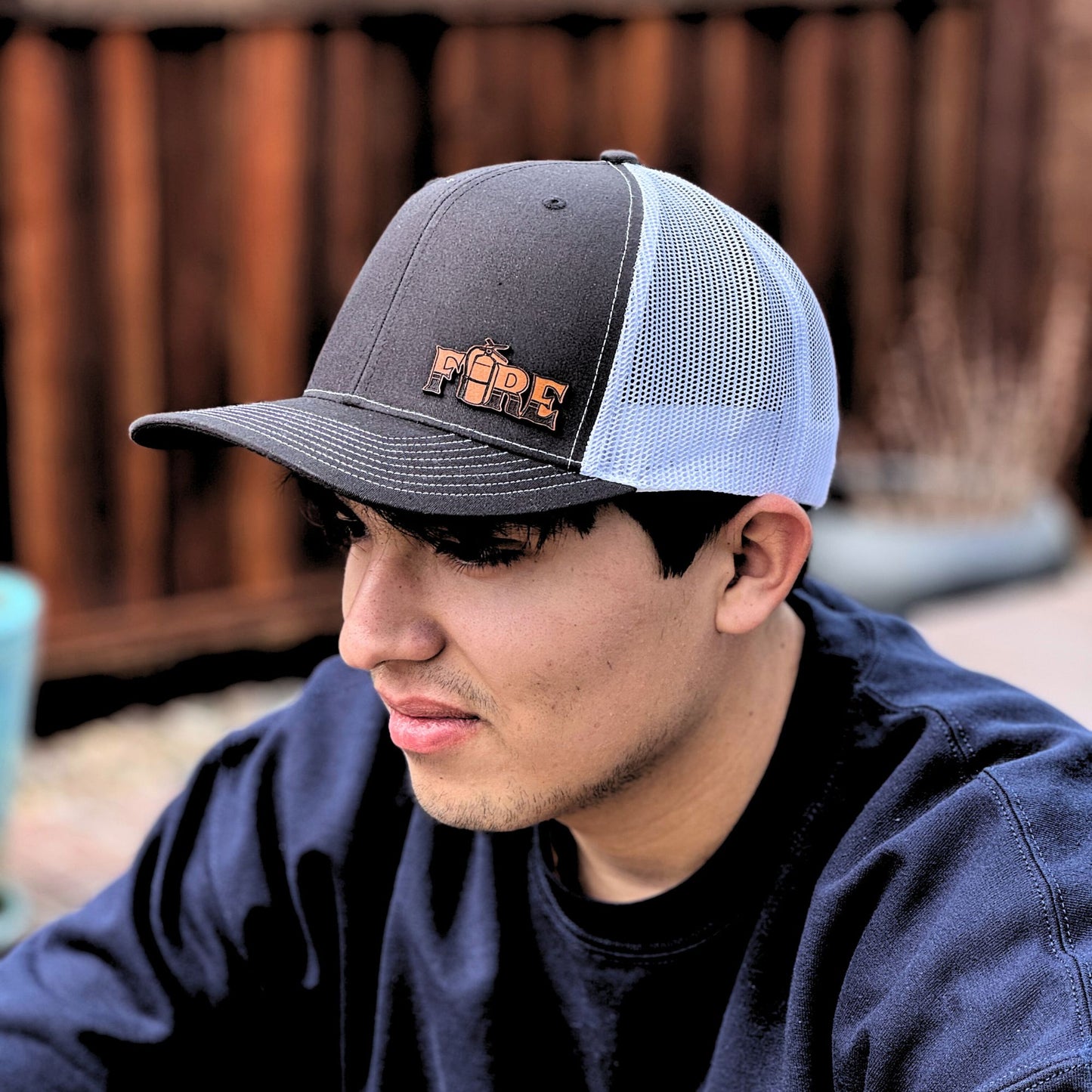 Firefighter Leather Patch Hat (FIRE with Extinguisher Icon)