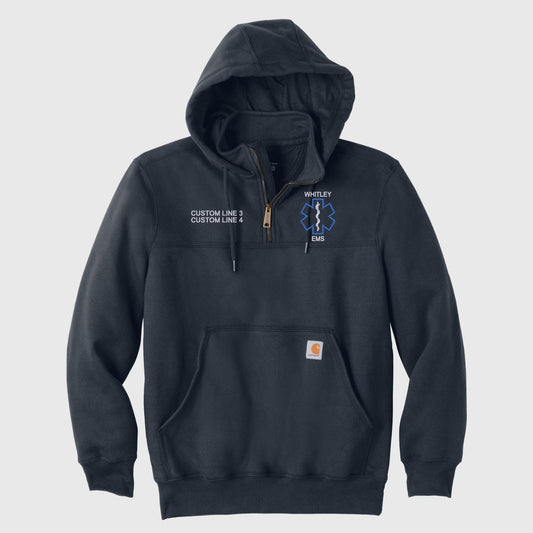 A navy blue Carhartt hoodie with an embroidered outline of the Star of Life symbol and custom text on the upper right chest area.